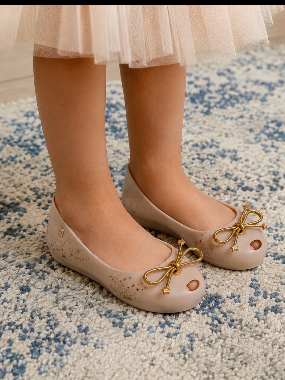 Melissa Girls Matte Beige Ballet Flats with Gold Bow Accents